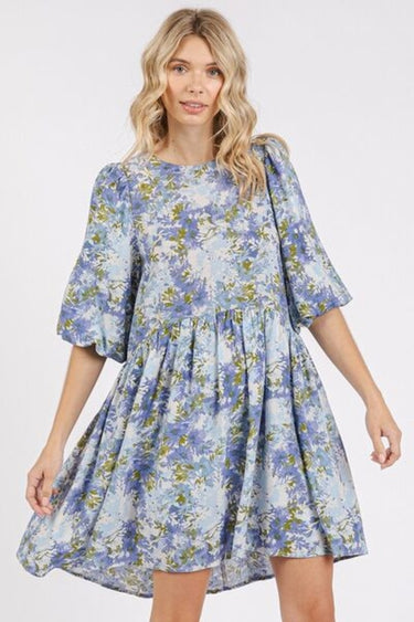 Flower Linen Blend Blue Mini Dress